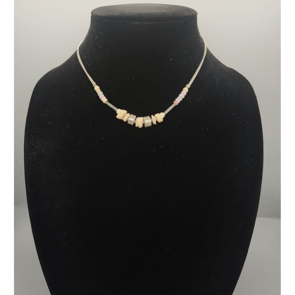 Fashion Beaded Necklace Silver Tone Chain Shell & Stone Accents